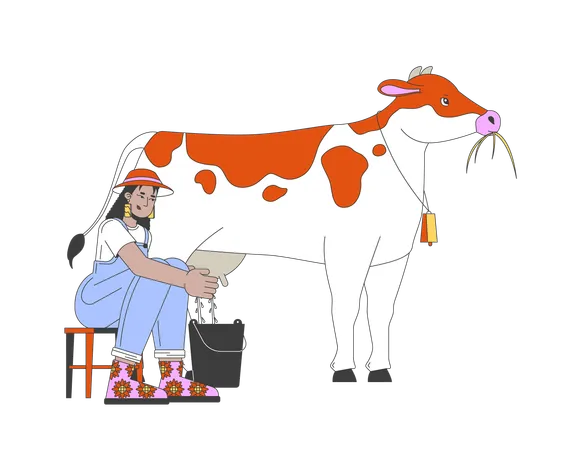 Mujer afroamericana ordeñando vacas  Ilustración