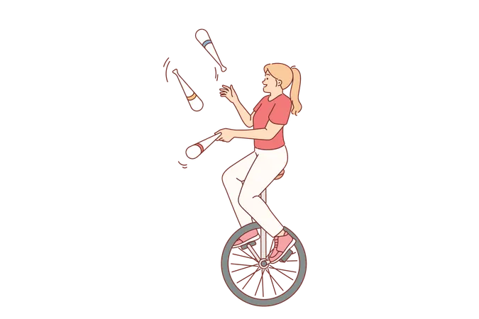 Mujer ágil monta monociclo y hace malabarismos con alfileres en espectáculo de circo  Ilustración