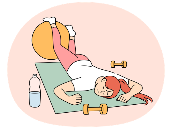 Una mujer agotada en el gimnasio se quedó dormida sobre una colchoneta de yoga deportiva y necesita descansar después del entrenamiento.  Ilustración