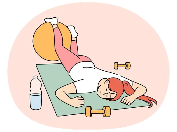 Una mujer agotada en el gimnasio se quedó dormida sobre una colchoneta de yoga deportiva y necesita descansar después del entrenamiento.  Ilustración