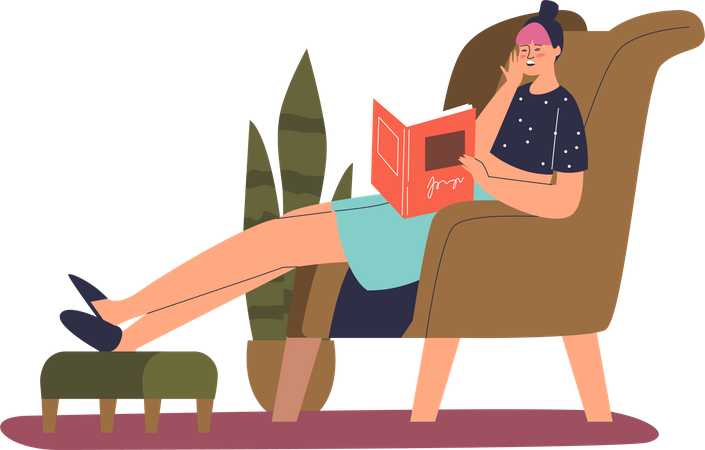 Mujer agotada que se queda dormida mientras lee un libro  Ilustración