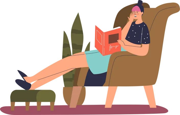 Mujer Cansada Y Agotada Que Se Queda Dormida Leyendo Un Libro En Casa En El Sofa Mujer Frustrada Con Exceso De Trabajo Durmiendo En Un Sillon Concepto De Cansancio Ilustracion De Vector Plano De Dibujos Animados Ilustración