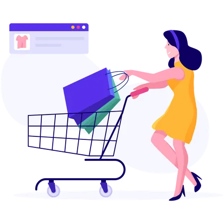 Mujer agregando productos al carrito mientras hace compras en línea  Ilustración