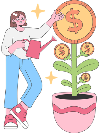 Mujer riega planta de dinero  Ilustración