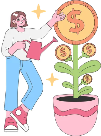 Mujer riega planta de dinero  Ilustración