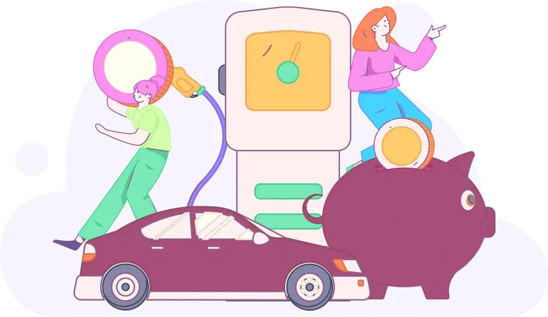 Mujer ahorra dinero para combustible de coche  Ilustración