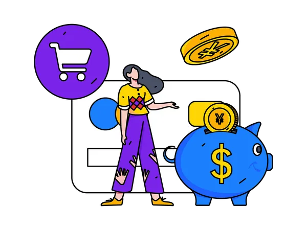 Mujer ahorra dinero para compras online  Ilustración