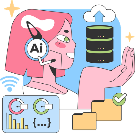 Chatbot femenino de IA trabajando en una base de datos en la nube  Ilustración