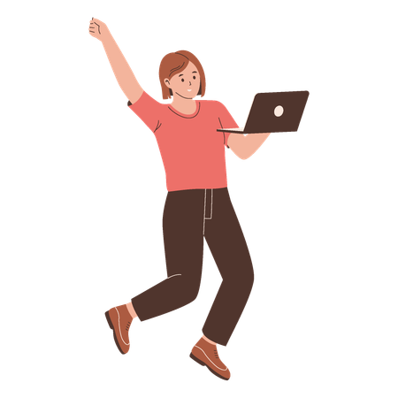 Mujer alegre celebrando con una computadora portátil  Ilustración