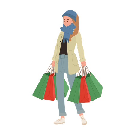 Mujer alegre disfrutando de compras navideñas con bolsas de compras  Ilustración