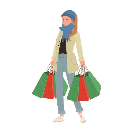 Mujer alegre disfrutando de compras navideñas con bolsas de compras  Ilustración