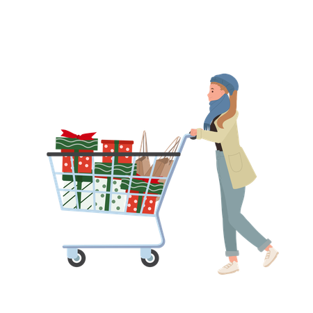 Mujer alegre disfrutando de compras navideñas con carrito de compras completo.  Ilustración