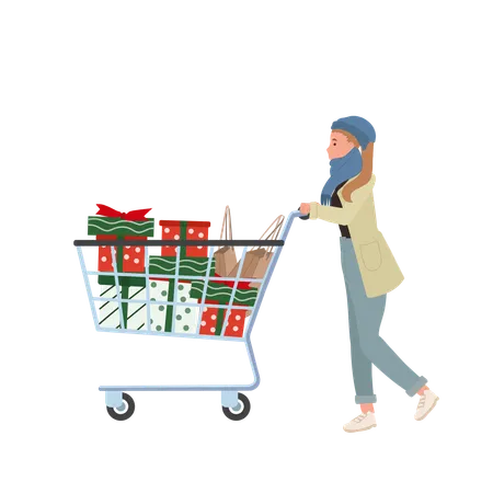 Mujer alegre disfrutando de compras navideñas con carrito de compras completo.  Ilustración