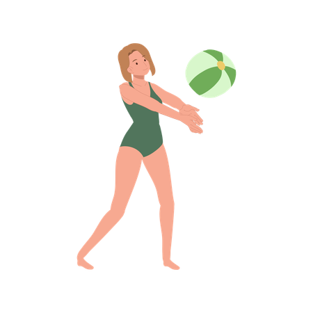 Mujer alegre jugando con pelota de playa  Ilustración