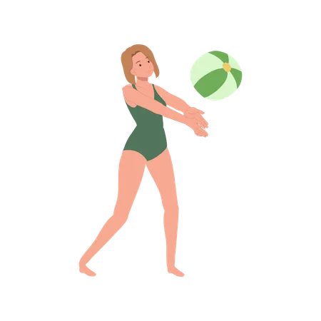 Mujer alegre jugando con pelota de playa  Ilustración