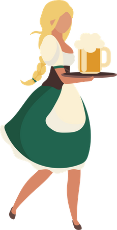 Mujer alemana llevando una bandeja con cerveza  Ilustración