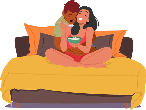 Mujer alimenta delicadamente al hombre en un acogedor abrazo de amor  Ilustración
