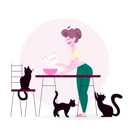 Mujer alimentando comida para gatos  Ilustración