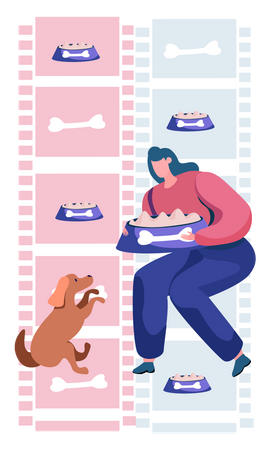 Mujer alimentando comida de perro a perro mascota  Ilustración