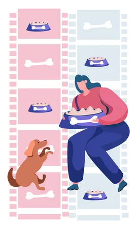 Mujer alimentando comida de perro a perro mascota  Ilustración