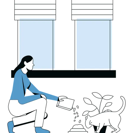 Mujer alimentando gato  Ilustración