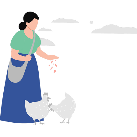 Mujer alimentando a las gallinas  Ilustración