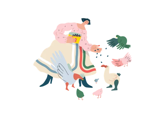 Mujer alimentando pájaros  Ilustración