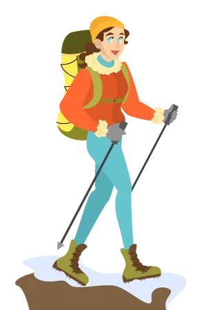 Mujer Alpinista Con Ropa Especial De Invierno Con Mochila De Senderismo Deporte Extremo Caminata Alpinista Ilustracion De Vector Aislado En Estilo De Dibujos Animados Ilustración