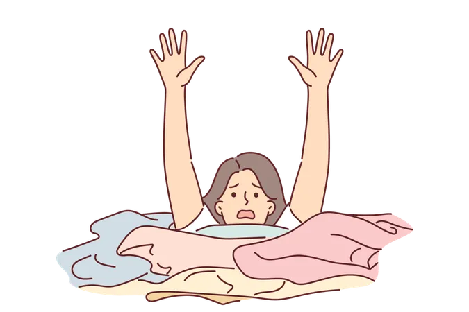 Una mujer ama de casa se está ahogando en ropa sucia y gritando levantando la mano por concepto de hogar  Ilustración