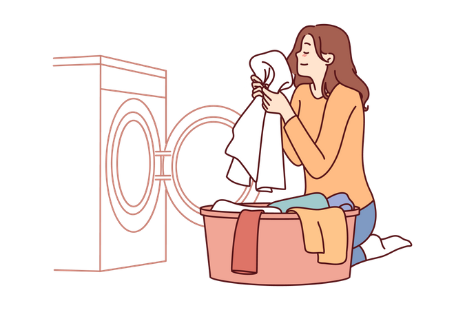 Mujer ama de casa se sienta cerca de la lavadora e inhala el olor fragante de una toalla recién lavada  Ilustración