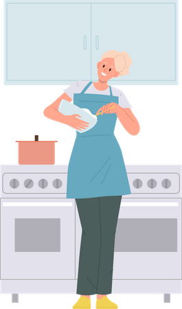 Mujer joven sosteniendo un tazón cocinando en casa cocina apartamento  Ilustración