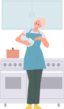 Mujer joven sosteniendo un tazón cocinando en casa cocina apartamento  Ilustración