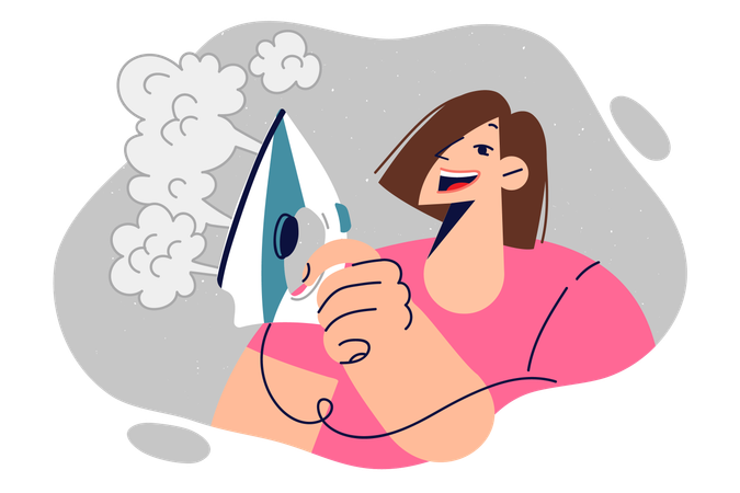 Mujer ama de casa utiliza plancha con función de vapor  Ilustración