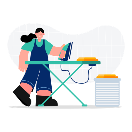 Mujer ama de llaves planchando ropa  Ilustración