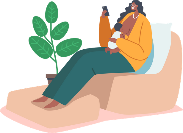 Mujer amamantando mientras mira el teléfono inteligente  Ilustración