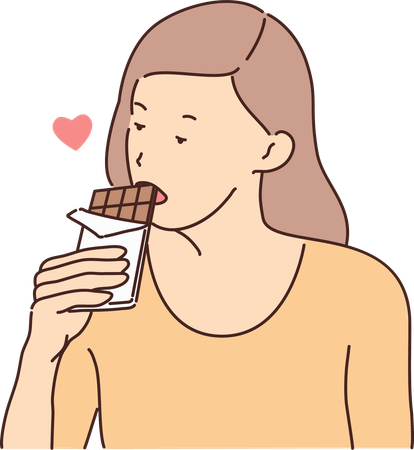 Mujer encantada de comer barra de chocolate  Ilustración