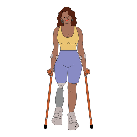 Mujer amputada caminando con muletas  Ilustración