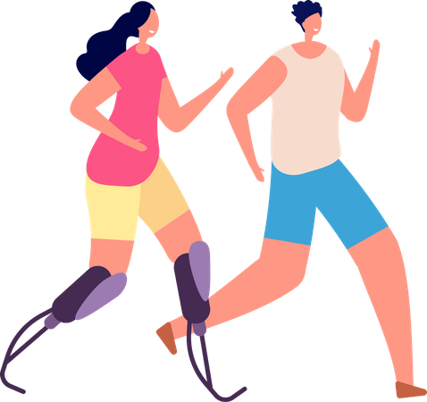 Mujer amputada intentando correr con un amigo  Ilustración