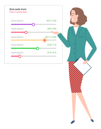 Informe digital de análisis de mujer con estadísticas.  Ilustración