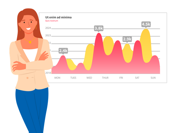 Informe digital de análisis de mujer con estadísticas.  Ilustración