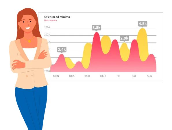 Informe digital de análisis de mujer con estadísticas.  Ilustración