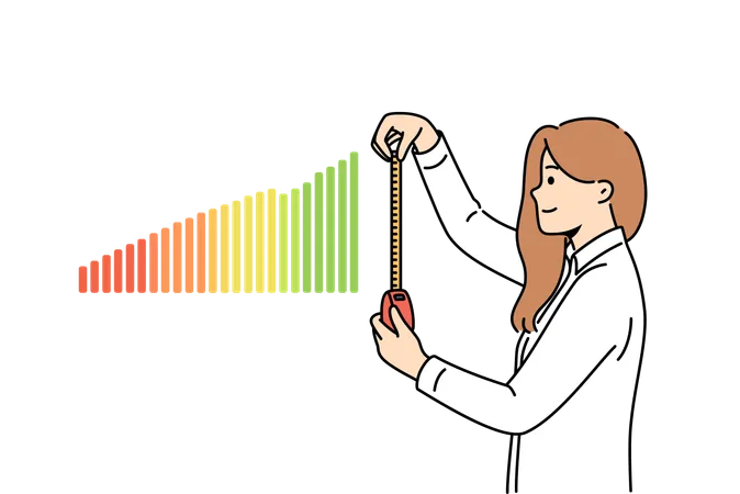 Mujer analista de negocios mide el gráfico financiero para comprender las tendencias en el nivel de ingresos de la empresa  Ilustración