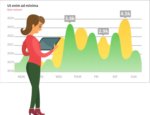 Mujer analiza informe digital con estadísticas  Ilustración