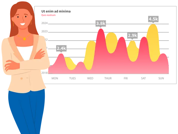 Mujer analiza informe digital con estadísticas  Ilustración
