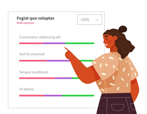 Mujer analiza informe digital con estadísticas  Ilustración