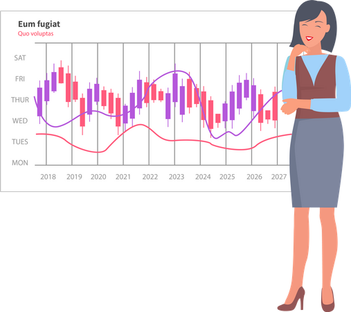 Mujer analiza informe digital con gráfico de desarrollo  Ilustración