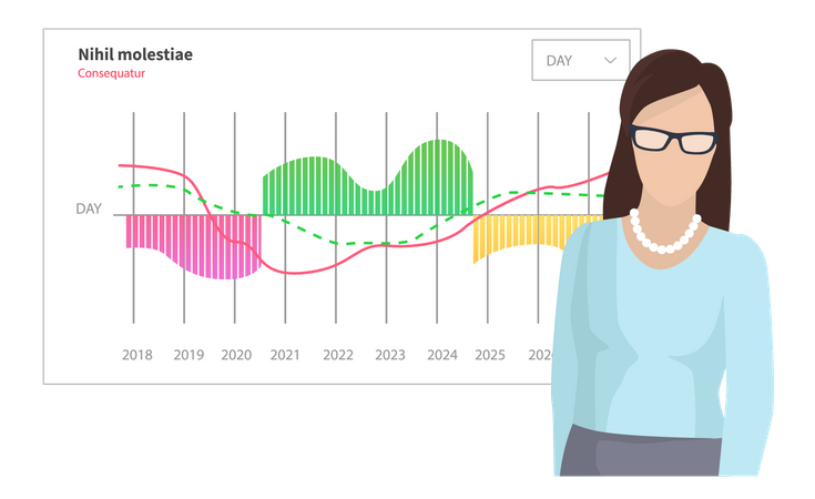 Mujer analiza informe digital con indicadores estadísticos  Ilustración
