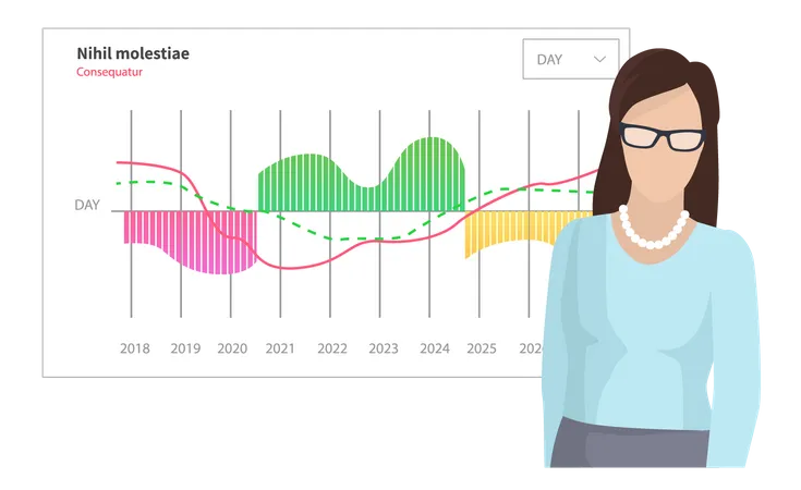Mujer analiza informe digital con indicadores estadísticos  Ilustración