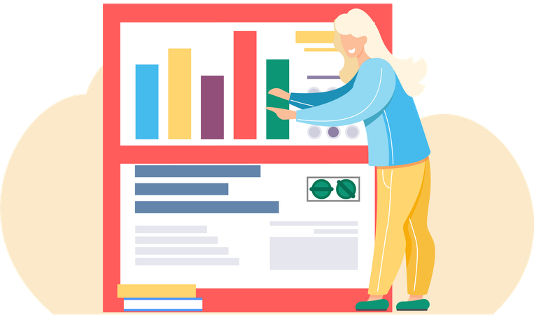 Mujer analizando diagrama de informe  Ilustración