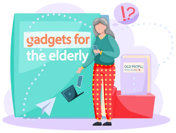Mujer anciana con computadora portátil aprende a trabajar con computadora  Ilustración